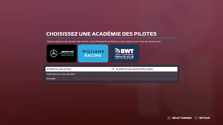 Le menu de sélection d'académie de pilotes