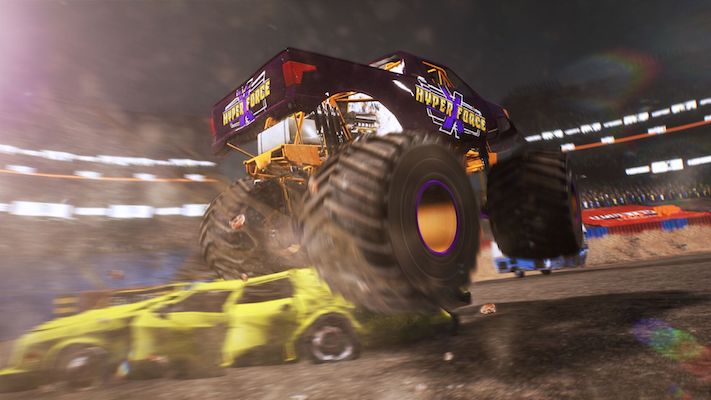 Monster Truck Championship : Image tirée du jeu d'un monster truck écrasant une voiture (crédit photo : Twitter - @MonsterTruck_C)