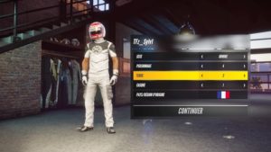 Menu de personnalisation du pilote dans le jeu