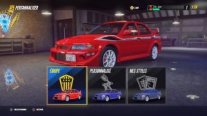 Menu de personnalisation de sa voiture