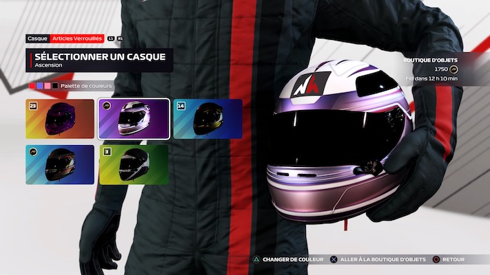 Le menu de création et sélection des casques dans F1 2021