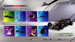 Le menu de sélection des articles dans F1 2021