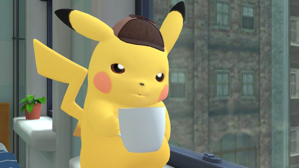 Détective Pikachu et son inséparable café dans Le Retour de Détective Pikachu