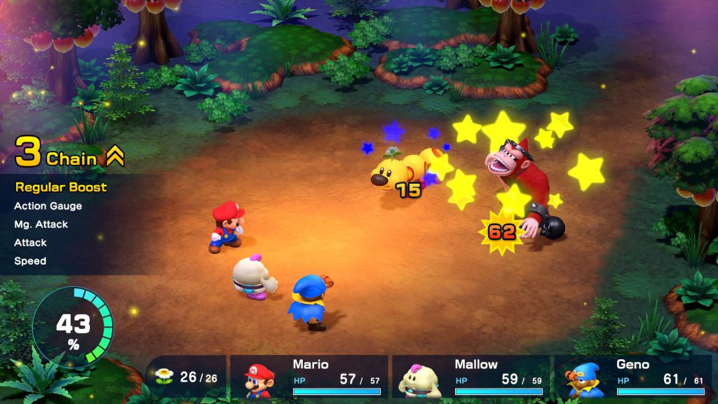 Mario et ses amis combattent des ennemis dans Super Mario RPG