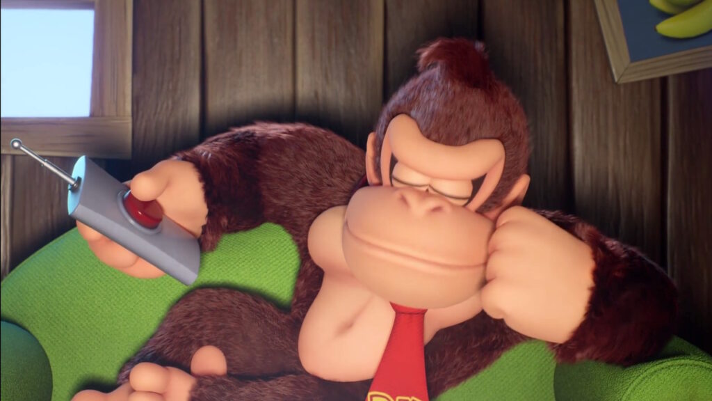Donkey Kong somnole devant sa TV au début de Mario vs Donkey Kong
