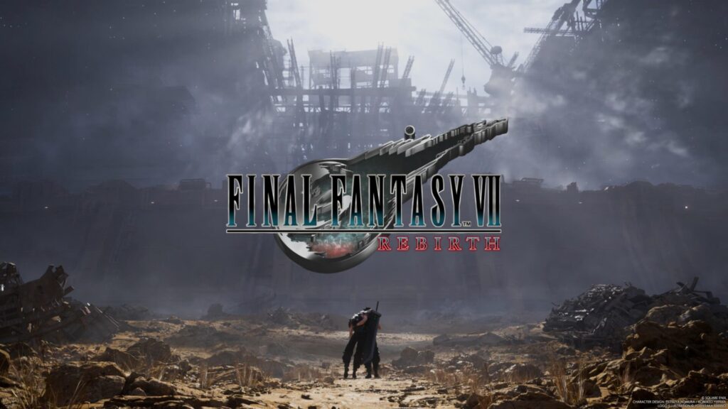Cloud et Zack devant Midgar en cendres avec le titre du jeu, Final Fantasy VII Rebirth