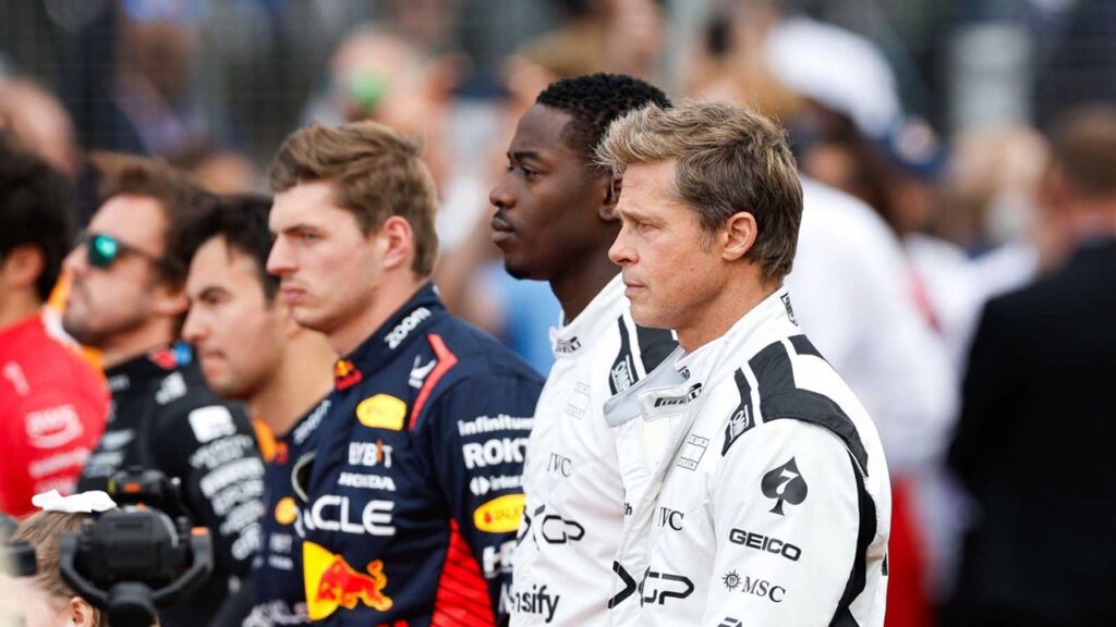 brad pitt damson idris-f1-grid-silverstone-2023