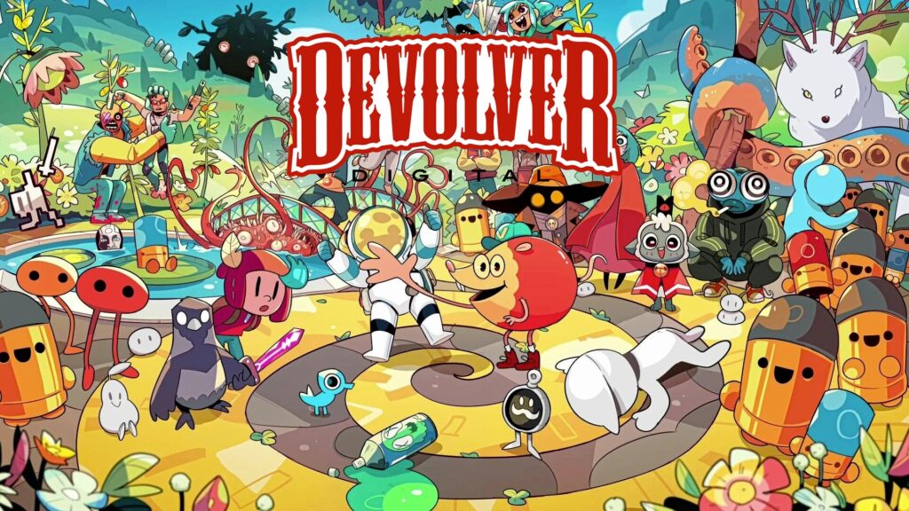 Tous les personnages de Devolver avec le nom du studio par dessus pour le Devolver Direct 2024