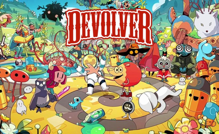 Tous les personnages de Devolver avec le nom du studio par dessus pour le Devolver Direct 2024