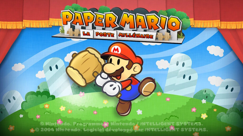 Écran d'accueil de Paper Mario La Porte Millénaire, avec Mario au milieu de l'écran qui tient son marteau à la main