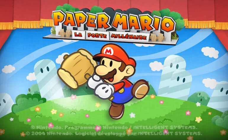 Écran d'accueil de Paper Mario La Porte Millénaire, avec Mario au milieu de l'écran qui tient son marteau à la main