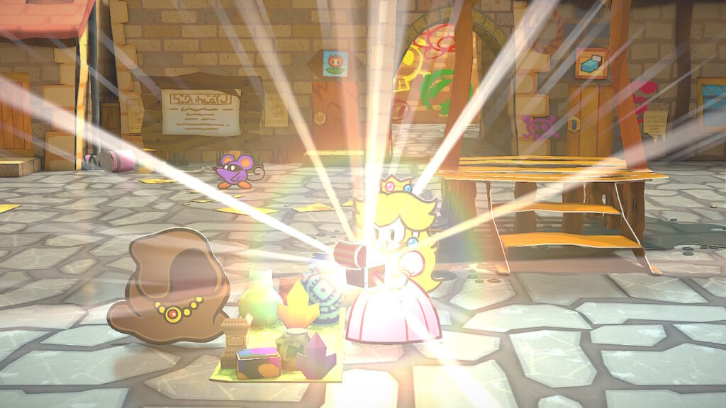 La Princesse Peach ouvre le coffre qu'une vieille femme lui a donné dans Paper Mario