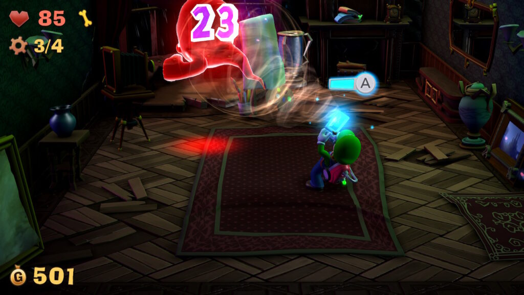 Luigi aspire un gros fantôme rouge dans Luigi's Mansion 2 HD