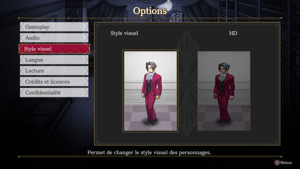 Le personnage de Benjamin Hunter en version moderne et rétro dans les options de Ace Attorney Investigations