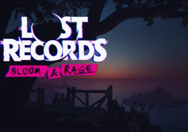 Swann et Nora devant un coucher de soleil avec le titre du jeu au-dessus, Lost Records Bloom & Rage