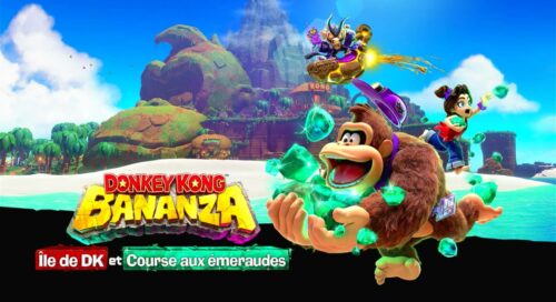 Donkey Kong Bananza : DK tenant des émeraudes dans les mains avec le titre du jeu et des DLC