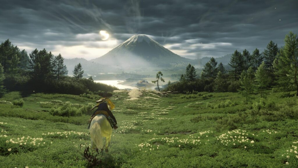 Atsu chevauche devant le mont Yōtei dans Ghost of Yōtei