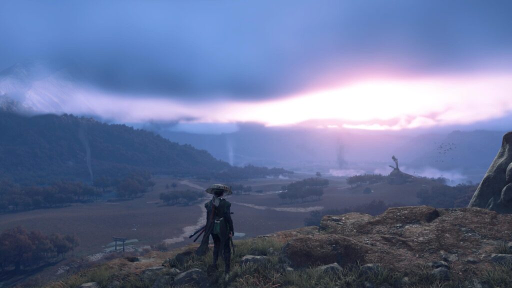 Atsu devant un superbe paysage dans Ghost of Yōtei