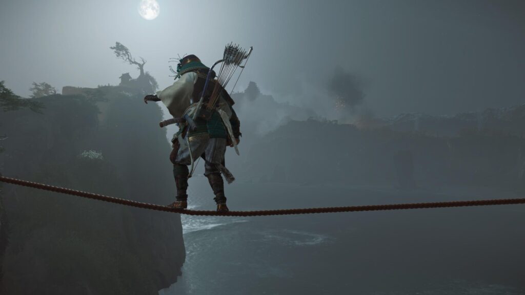 Atsu marche sur une corde dans Ghost of Yōtei