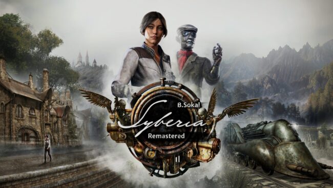 Kate Walker et Oscar en gros plan devant Valadilene avec le titre Syberia Remastered marqué devant
