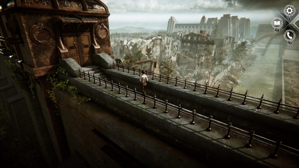 Kate Walker court sur une muraille avec en paysage les ruines de Barrockstadt dans Syberia