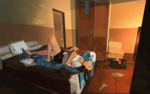 Lena est allongée sur son lit, la tête en bas, dans After the Wane