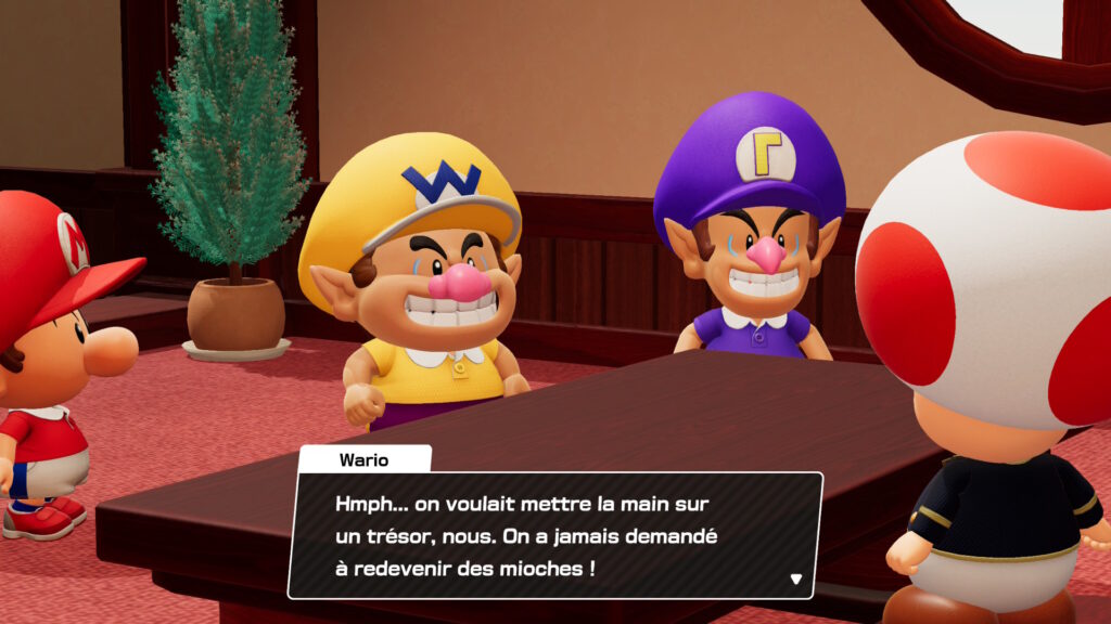 Bébés Mario, Wario et Waluigi parlant à Toad derrière un comptoir dans Mario Tennis Fever