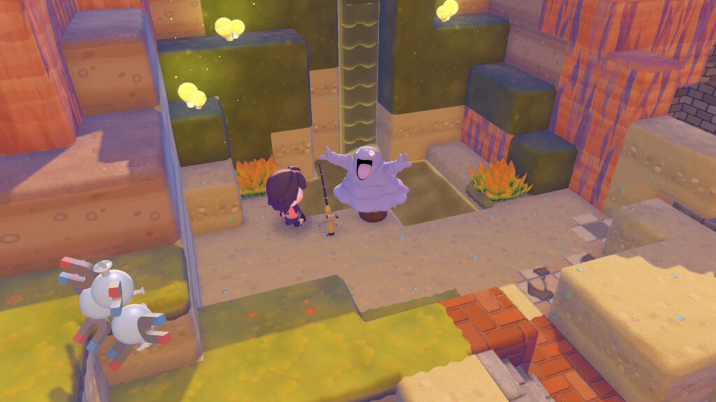 Métamorph et Grotadmorv devant une marre dans Pokopia