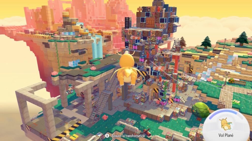 Métamorph transformé en Dracolosse vole au-dessus de la Terre dans Pokopia