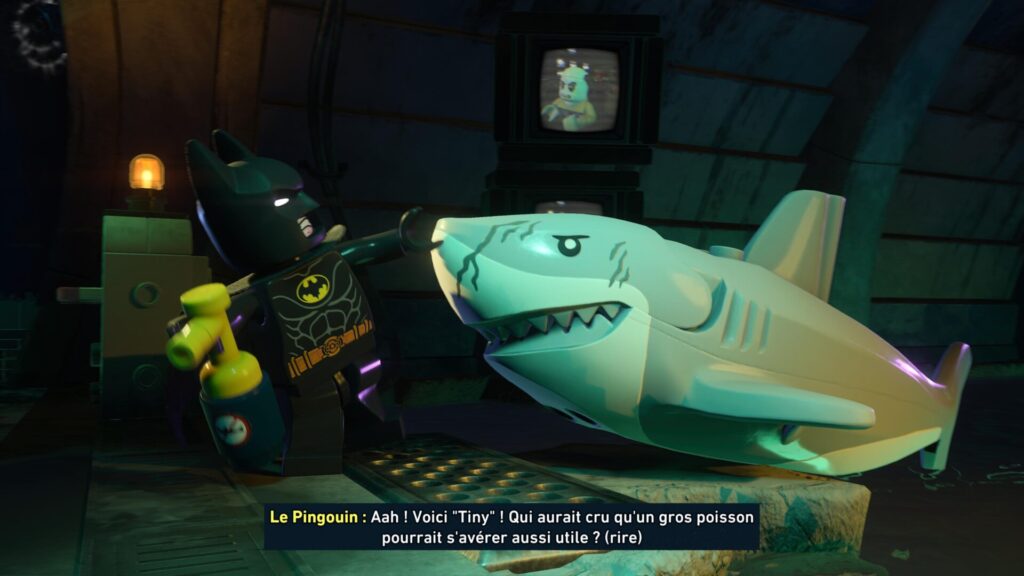 Batman utilisant son fameux spray anti-requin dans LEGO Batman