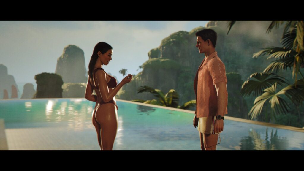 James Bond face à Isola, une femme en maillot de bain dans 007 First Light