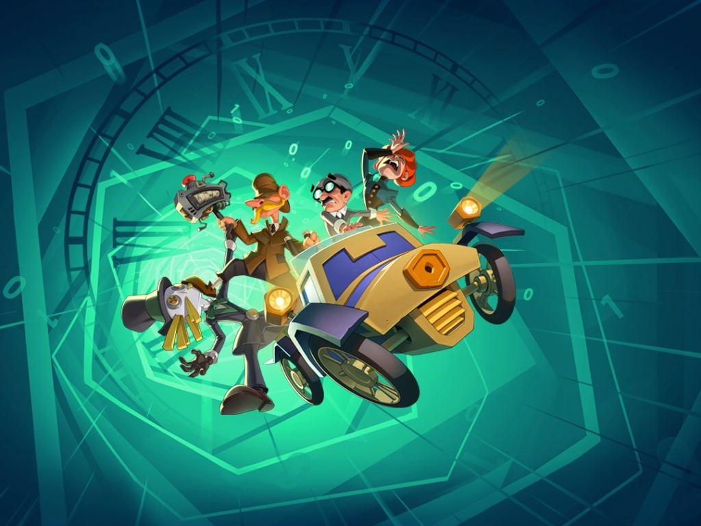 Écran titre de Crushed in Time avec les personnages du jeu dans une voiture volante devant un vortex temporel vert