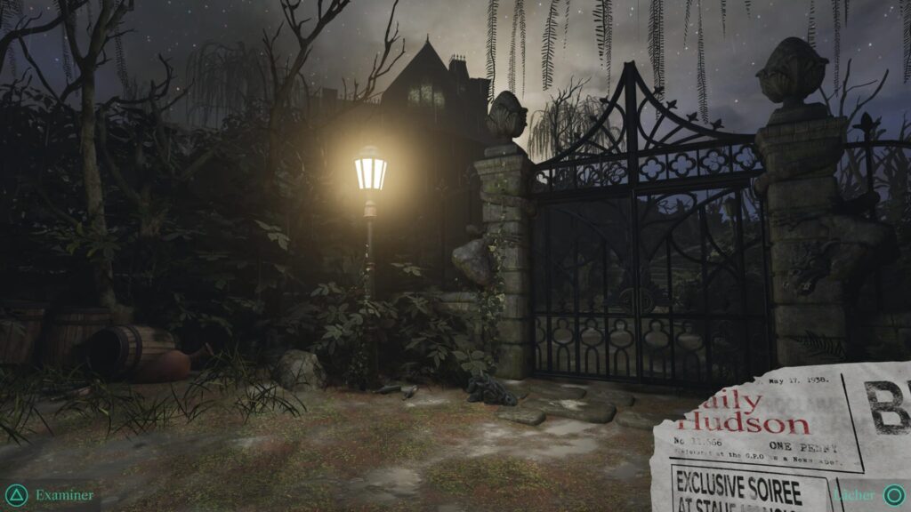 La grille du manoir dans The 7th Guest Remake, avec une coupure de journal dans la main du personnage