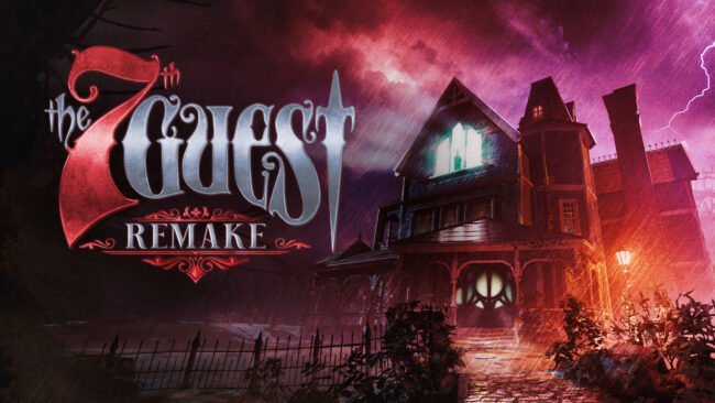 Image titre de The 7th Guest Remake avec un manoir hanté sur fond rouge inquiétant et le titre sur la gauche.