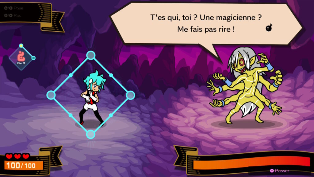 Le jeu Beatspell dans Rhythm Paradise Groove où le personnage du joueur à gauche doit faire des sorts en rythme pour combattre l'ennemi à droite.