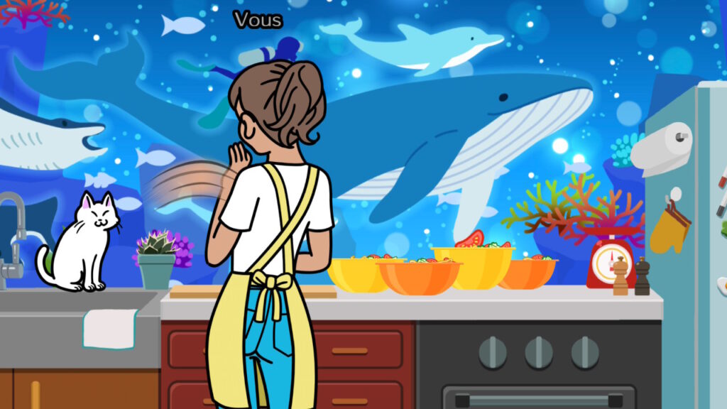 Une femme de dos devant son plan de travail avec un chat à côté d'elle, et des saladiers de légumes. Des baleines passent devant elle. Rhythm Paradise Groove