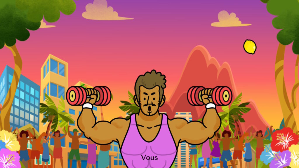 Un culturiste doit gonfler ses biceps quand les citrons tombent dessus dans Rhythm Paradise Groove