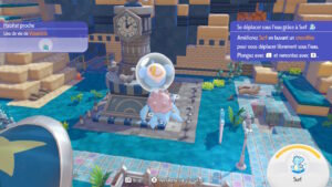 Métamorph transformé en Lokhlass utilise Surf sous l'eau dans Pokémon Pokopia Fonds Bulleux