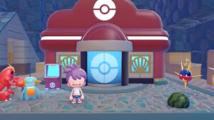 Métamorph devant le Centre Pokémon reconstruit dans Pokémon Pokopia Fonds Bulleux