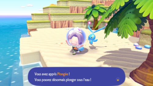 Image du héros Métamorph avec une bulle sur la tête qui a appris à plonger dans Pokémon Pokopia Fonds Bulleux