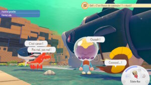 Métamorph et un autre Pokémon parlent devant une maison en forme de requin dans Pokémon Pokopia Fonds Bulleux