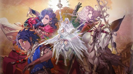 Illustration officielle de Fire Emblem Fortune's Weave avec Cai, Leda, Dietrich et Theodora réunis autour d'Eshmel, dans ses versions homme et femme, sur fond de ciel doré.