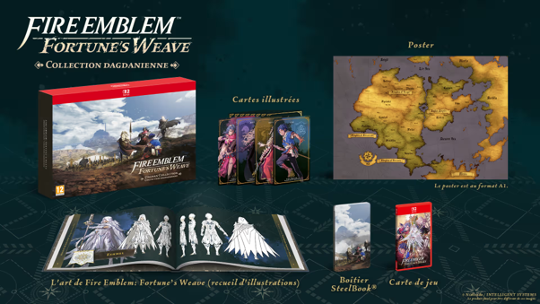 Contenu de la collection dagdanienne de Fire Emblem Fortune's Weave sur Switch 2, avec le coffret, un recueil d'illustrations, des cartes illustrées, un poster A1 représentant la carte de Dagda, un boîtier SteelBook et la carte de jeu.