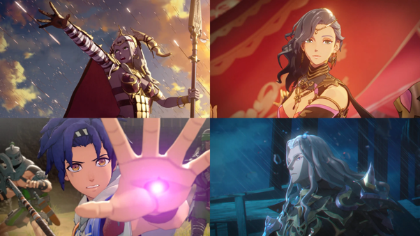 Les quatre protagonistes de Fire Emblem Fortune's Weave sur Switch 2, Theodora, Leda, Cai et Dietrich, dans des scènes cinématiques du jeu.