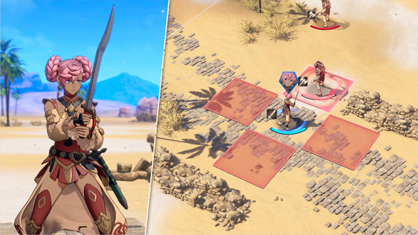Combat au tour par tour dans un décor désertique de Fire Emblem Fortune's Weave, avec une unité armée d'un cimeterre et ses zones d'attaque mises en évidence sur la carte.
