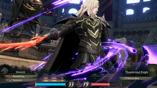 Animation de combat de Fire Emblem Fortune's Weave avec Dietrich utilisant une capacité ardente, et l'interface affichant les PV et les chances de toucher des deux unités.