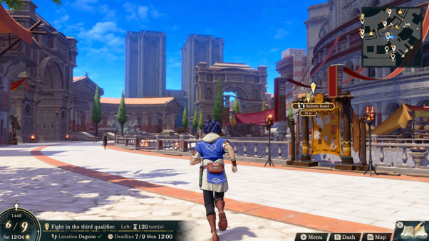Exploration de la capitale Dagsion dans Fire Emblem Fortune's Weave, avec Cai