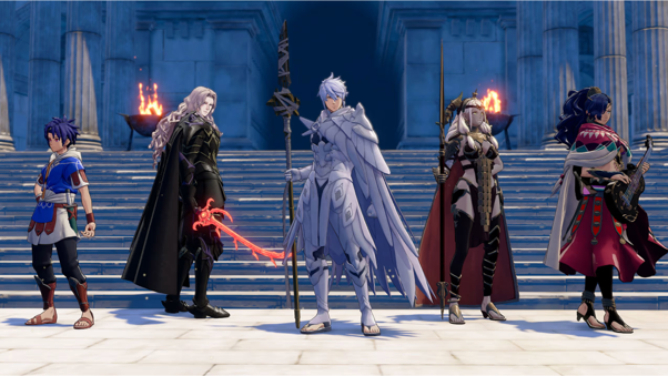 Les héros de Fire Emblem Fortune's Weave réunis devant les marches d'un temple, de gauche à droite Cai, Dietrich, Eshmel en armure blanche, Theodora et Leda.