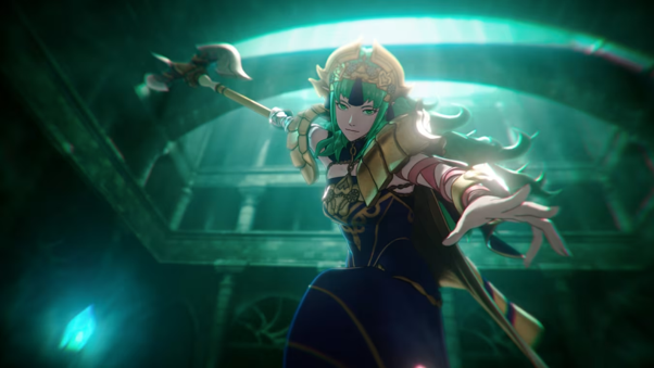 Sothis, sous sa forme adulte, armée d'une hache dans une cinématique de Fire Emblem Fortune's Weave sur Switch 2.